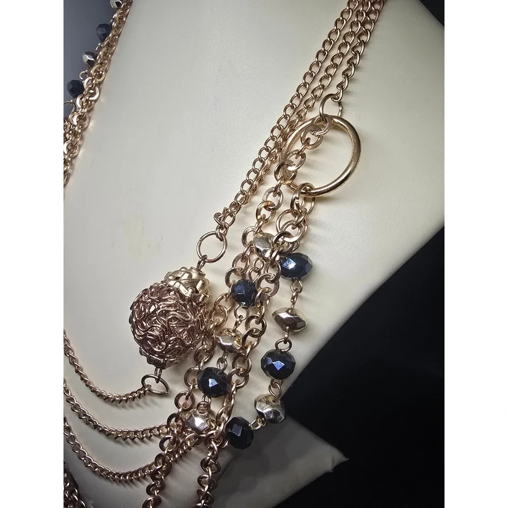 Rose Gold Tone Multi Strand Layered Statement Necklace Black Beaded Asymmetrical